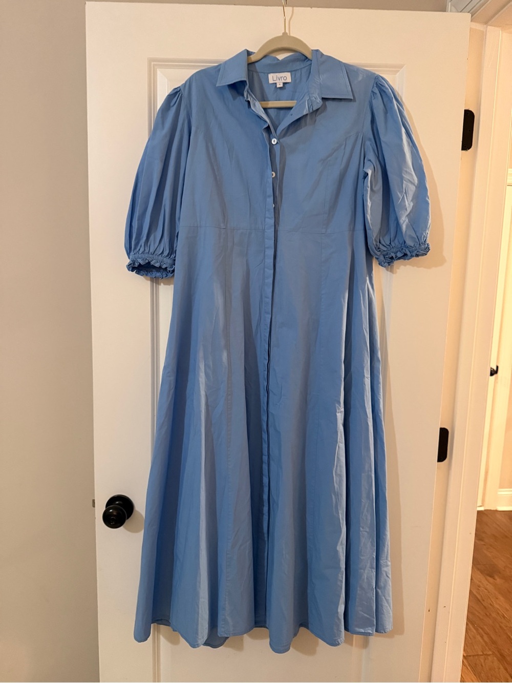 Euc Livro Blue Rosie Midi Shirt Dress with Puff Sleeves L